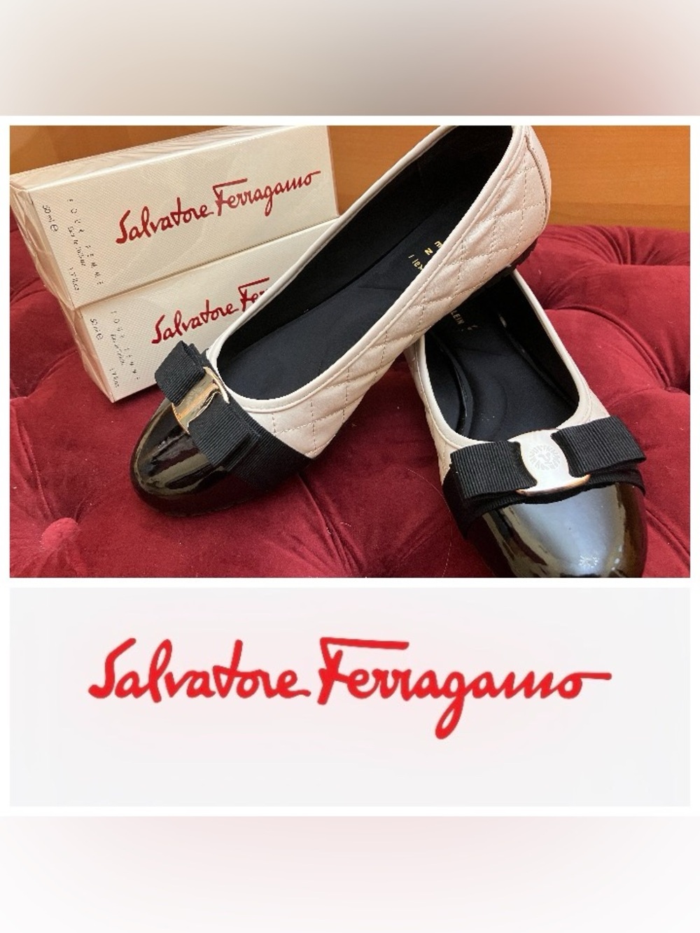 Ferragamo Style AK Beige Quilted Cap-Toe Ballet Flats with Black Patent Toe
